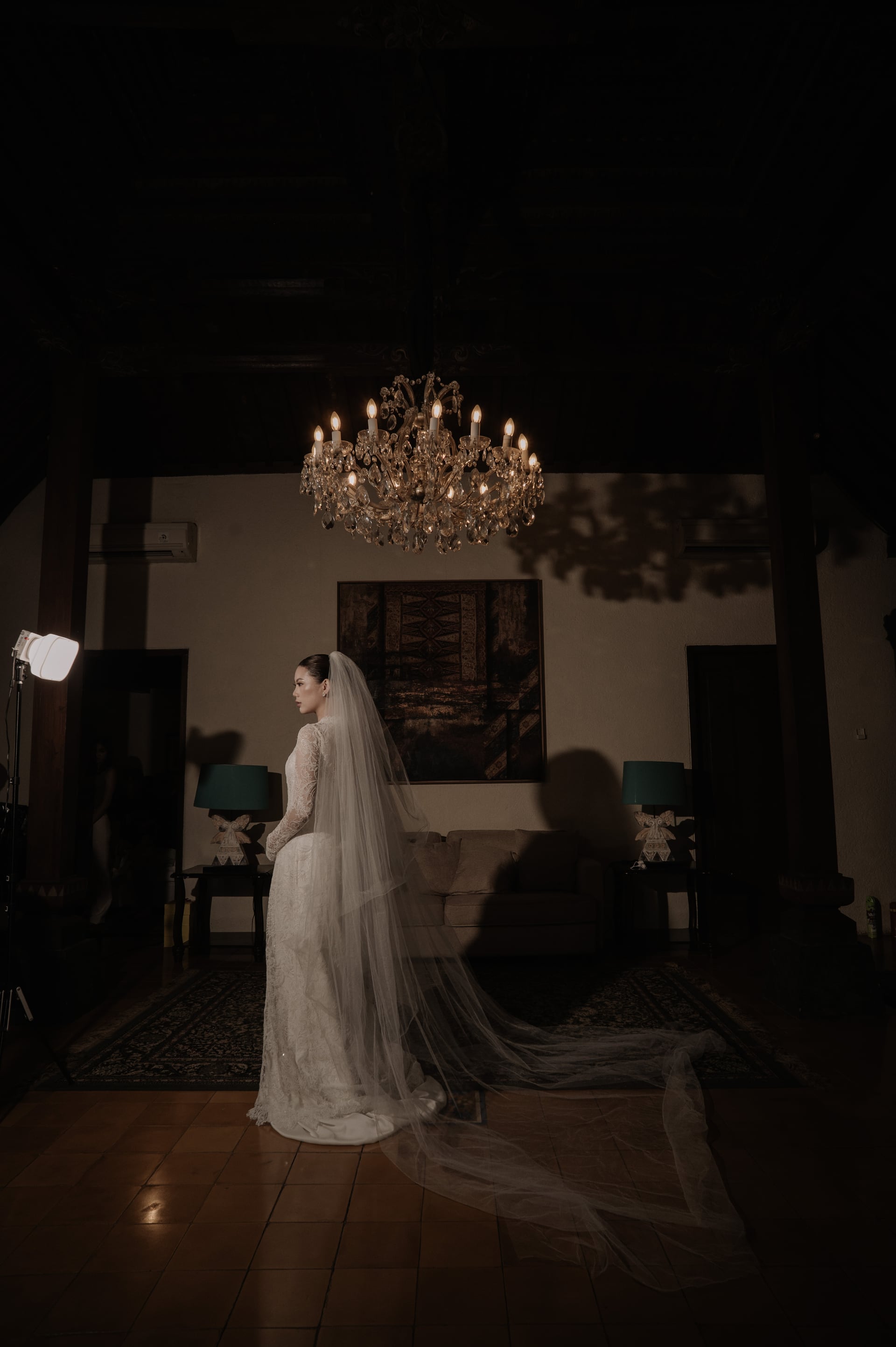 A bride beneath a chandelier, her veil spread across the floor.